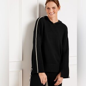 T by Talbots Black Hooded Sweater Pullover Tight Knit White Stripe Size Small